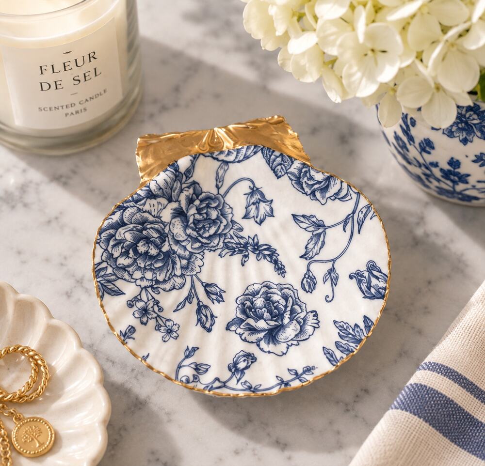 Navy Rose Shell Ring Dish, Floral Home Decor, Handmade Gift